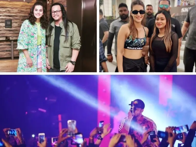 Collage showcasing celebrity and artist management services, featuring VIP talent coordination and a live stage performance