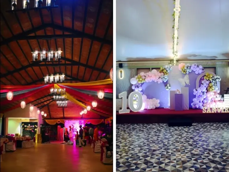 Event planning and decor for private and public celebrations, showing colorful ceiling drapes and a bespoke balloon arrangement