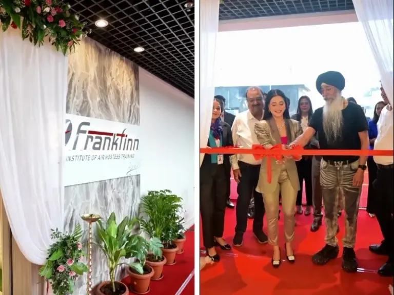 Corporate brand inauguration and launch event setup with a red carpet entrance and floral decorations, and ribbon cutting ceremony